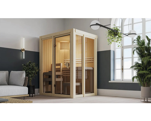 Elementsauna Karibu Iravos 1 ohne Ofen und bronzierter Ganzglastüre