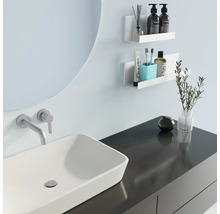 Modernes Badezimmer mit Waschbecken, Spiegel und Wandregalen zur Aufbewahrung von Badartikeln.