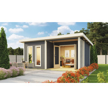 Modernes Gartenhaus mit Terrasse, Sitzgelegenheit und gepflegtem Garten.