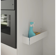 Regal mit Reinigungsmittel und Schwamm an der Wand montiert