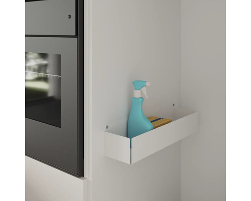 Regal mit Reinigungsmittel und Schwamm an der Wand montiert