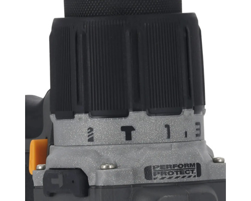 Nahaufnahme eines Bohrmaschinenkopfes mit Drehmomentregler und Perform and Protect Aufdruck