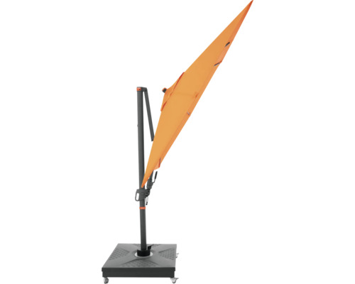 Freiarm-Sonnenschirm mit grauem Gestell und quadratischem Fuß