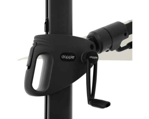 Doppler Logo auf einer Kurbel eines Sonnenschirms