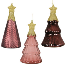 Drei Christbaumkugeln in Form von Weihnachtsbäumen mit Sternspitze