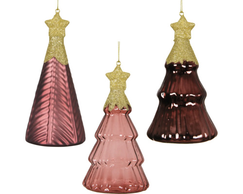 Weihnachtsdeko Weihnachtsbaum aus Glas 6,7x6,7x12,6 cm rot Drei Christbaumkugeln in Form von Weihnachtsbäumen mit Sternspitze