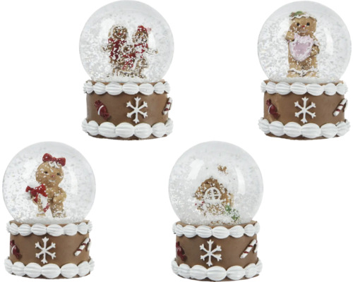 Vier Schneekugeln mit Lebkuchendekor