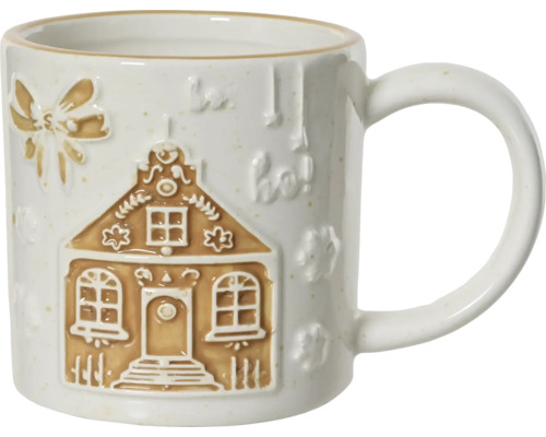 Weihnachtstasse Dolomit Ø 9x10 cm weiß Keramikbecher mit Lebkuchenhausmotiv