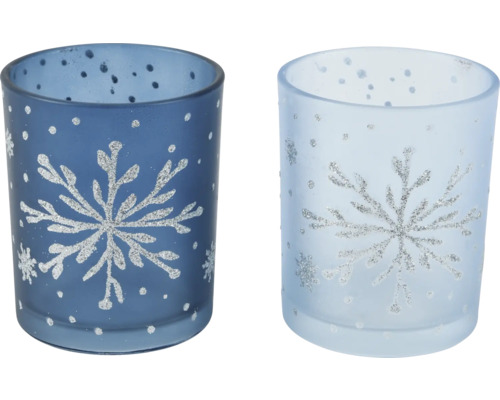 Teelichthalter Schneeflocke Ø 7x8,3 cm blau Zwei Teelichthalter aus Glas mit Schneeflockenmuster