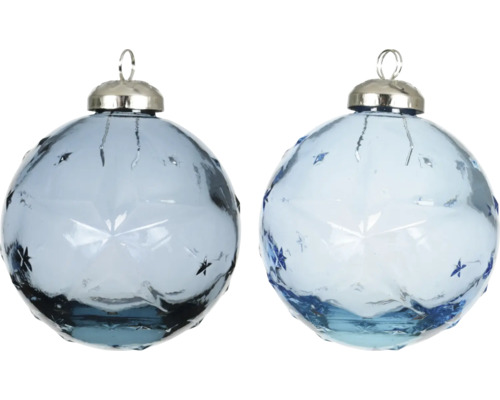Christbaumkugel aus Glas Ø 10 cm blau Zwei blaue Weihnachtskugeln aus Glas mit Sternmuster und silberfarbener Aufhängung.