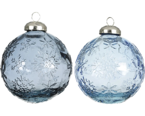 Christbaumkugel aus Glas Ø 8x10 cm blau Zwei blaue Christbaumkugeln mit Schneeflockenmuster