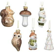 Dekorative Christbaumanhänger in Eichhörnchen-, Pilz-, Weihnachtsmann-, Eulen-, Schneemann- und Tannenbaumform