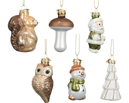 Dekohänger Motive aus Glas sortiert Dekorative Christbaumanhänger in Eichhörnchen-, Pilz-, Weihnachtsmann-, Eulen-, Schneemann- und Tannenbaumform