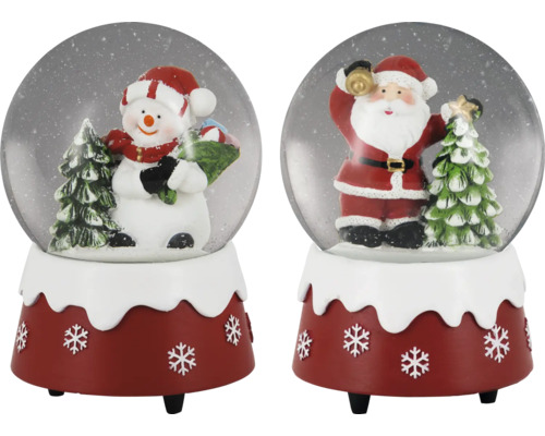 Weihnachtsdeko Spieluhr 10x10x14,5 cm rot Zwei Schneekugeln mit Weihnachtsmann und Schneemann Figuren