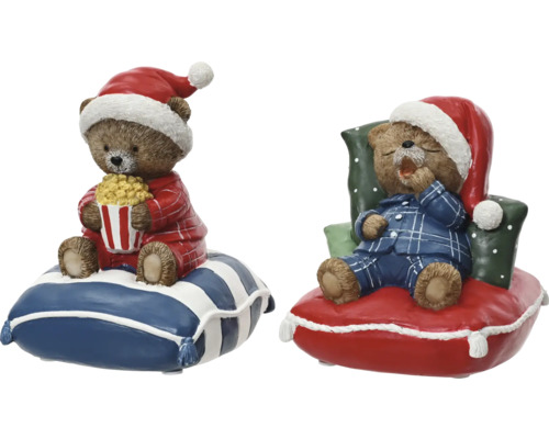 Weihnachtsdeko Spileuhr 11,5x11,5x14 cm rot Zwei Teddybären-Figuren mit Weihnachtsmützen und Schlafanzügen auf Kissen