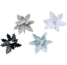 Dekorative Weihnachtssternblüten in Silber, Weiss, Blau und Schwarz