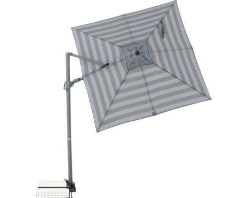 Quadratischer Ampelschirm mit Streifenmuster und Kurbelmechanismus