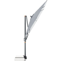 Grauer Marktschirm mit Mast und Standfuß.