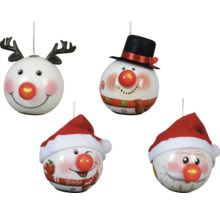 Vier Christbaumkugeln mit den Motiven Rentier, Schneemann und Weihnachtsmann
