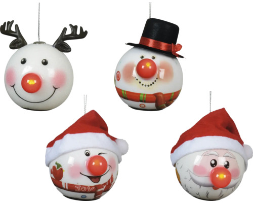 Vier Christbaumkugeln mit den Motiven Rentier, Schneemann und Weihnachtsmann
