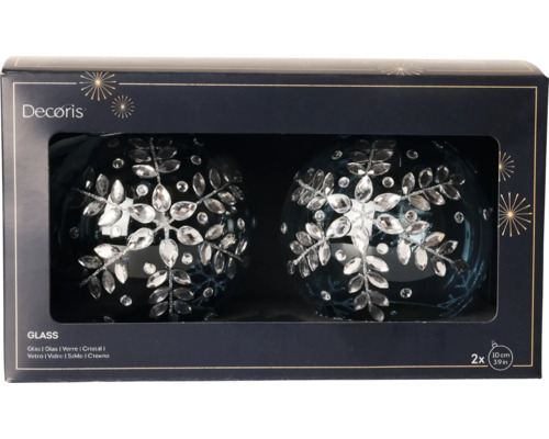 Christbaumkugel aus Glas Ø 10 cm blau Zwei blaue Christbaumkugeln aus Glas mit Ornamenten in einer Verpackung