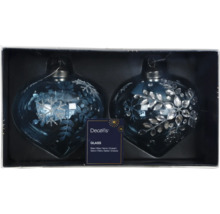 Zwei blaue Glas Christbaumkugeln mit Verzierungen in einer Verpackung