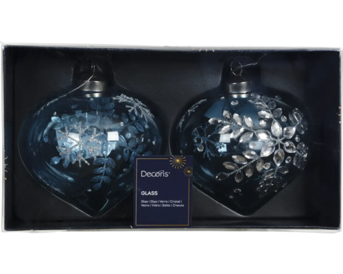 Christbaumhänger Zwiebel aus Glas Gitzer Ø 10 cm blau Zwei blaue Glas Christbaumkugeln mit Verzierungen in einer Verpackung