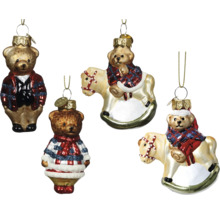 Verschiedene Teddybär-Figuren und Schaukelpferde-Figuren als Christbaumschmuck