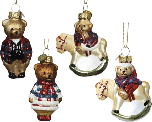 Christbaumhänger Eule aus Glas Ø 7x13,5 cm Verschiedene Teddybär-Figuren und Schaukelpferde-Figuren als Christbaumschmuck