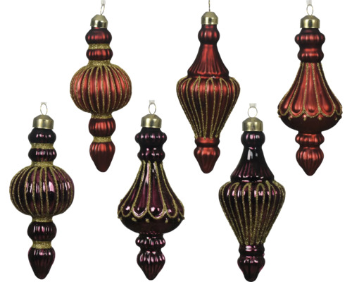 Sechs rote und lila Christbaumkugeln in verschiedenen Formen mit goldenen Akzenten
