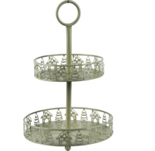 Etagere mit zwei Ebenen, verziert mit Haus- und Baummotiven.