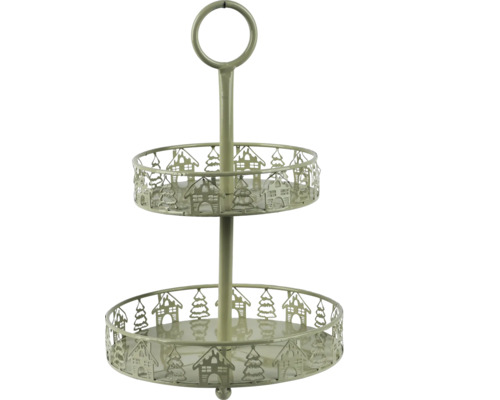 Etagere mit zwei Ebenen, verziert mit Haus- und Baummotiven.