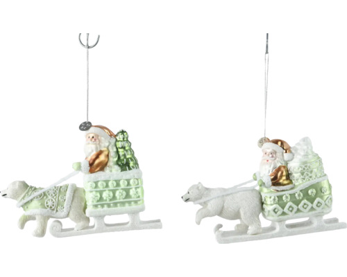 Weihnachtsbaumschmuck mit Weihnachtsmann im Schlitten gezogen von einem Eisbären