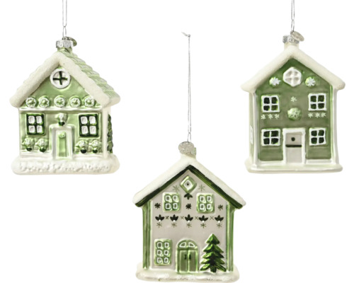 Dekohänger Häuschen aus Glas grün Drei Haus Christbaumkugeln als Dekoration