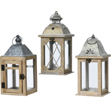 Drei Windlichter aus Holz und Glas