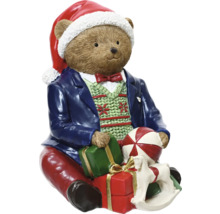 Teddybärfigur mit Weihnachtsmannmütze, Anzug und Geschenken