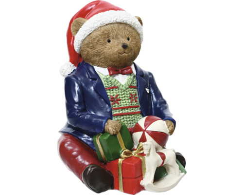 Weihnachtsdeko Bär 13x12x16 cm Teddybärfigur mit Weihnachtsmannmütze, Anzug und Geschenken