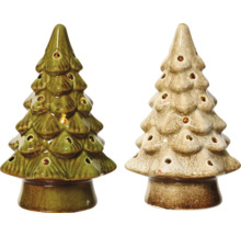 Zwei dekorative Weihnachtsbäume aus Keramik mit Löchern für Teelichter