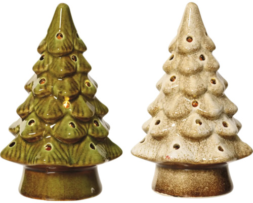 Zwei dekorative Weihnachtsbäume aus Keramik mit Löchern für Teelichter