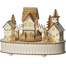 Weihnachtsdekoration aus Holz mit Häusern und Zug