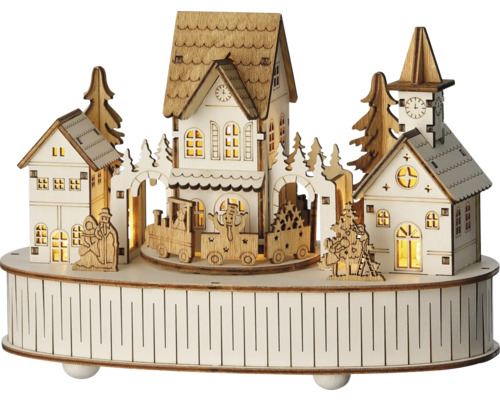 Weihnachtsdekoration aus Holz mit Häusern und Zug