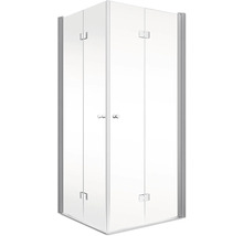 Eckdusche mit transparenten Glastüren und silberfarbenen Rahmen