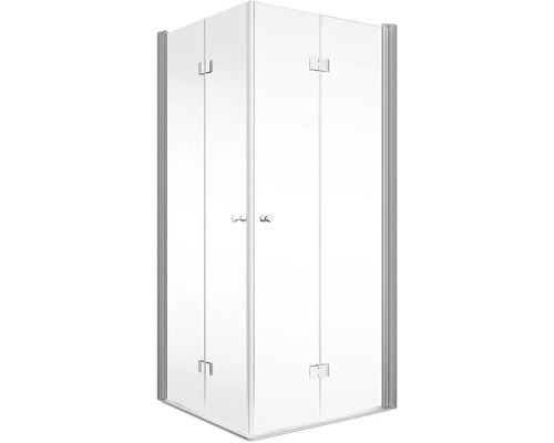 Eckdusche mit transparenten Glastüren und silberfarbenen Rahmen