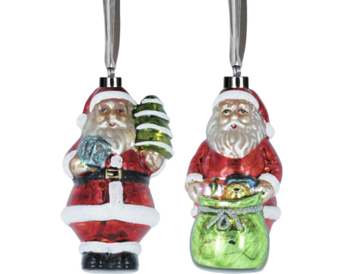 Zwei Weihnachtsmann-Baumschmuckfiguren mit Baum und Geschenkesack