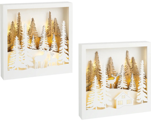 Weihnachtsdeko Micro-LED Szenerie 25x4,5x24 cm rot Zwei beleuchtete weihnachtliche 3D-Fensterbilder mit Wald und Tieren in einem weißen Rahmen.