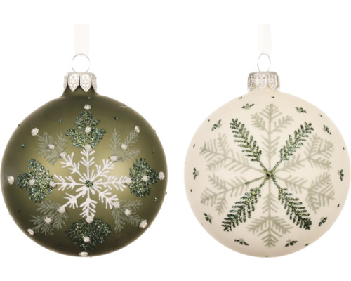 Christbaumkugel aus Glas Ø 8 cm grün Zwei Christbaumkugeln mit Schneeflockenmotiven