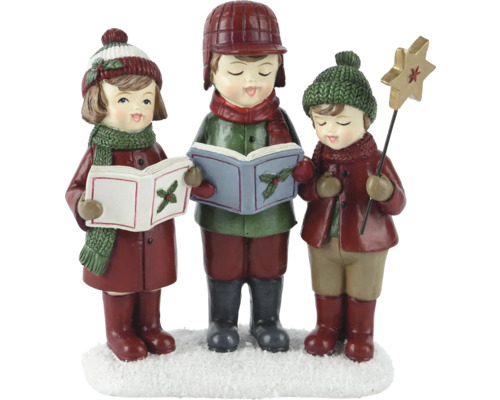 Weihnachtsdeko Kinder 7x15,5x17 cm bunt Dekorative Weihnachtsfigurengruppe mit drei singenden Kindern mit Notenbuch und Sternenstab auf einer Schneebasis