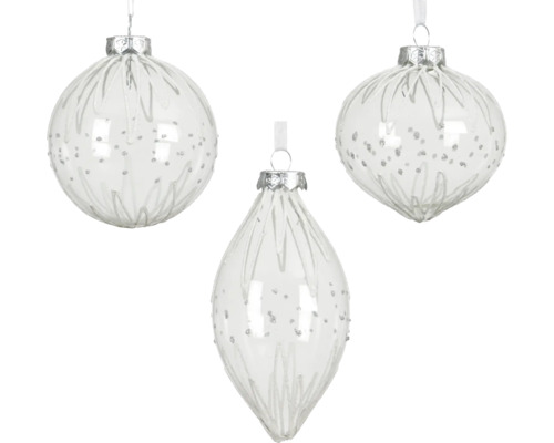 Drei transparente Christbaumkugeln mit Dekor