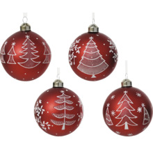 Vier rote Weihnachtskugeln mit Baum Motiven