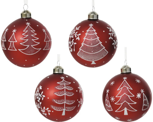 Vier rote Weihnachtskugeln mit Baum Motiven